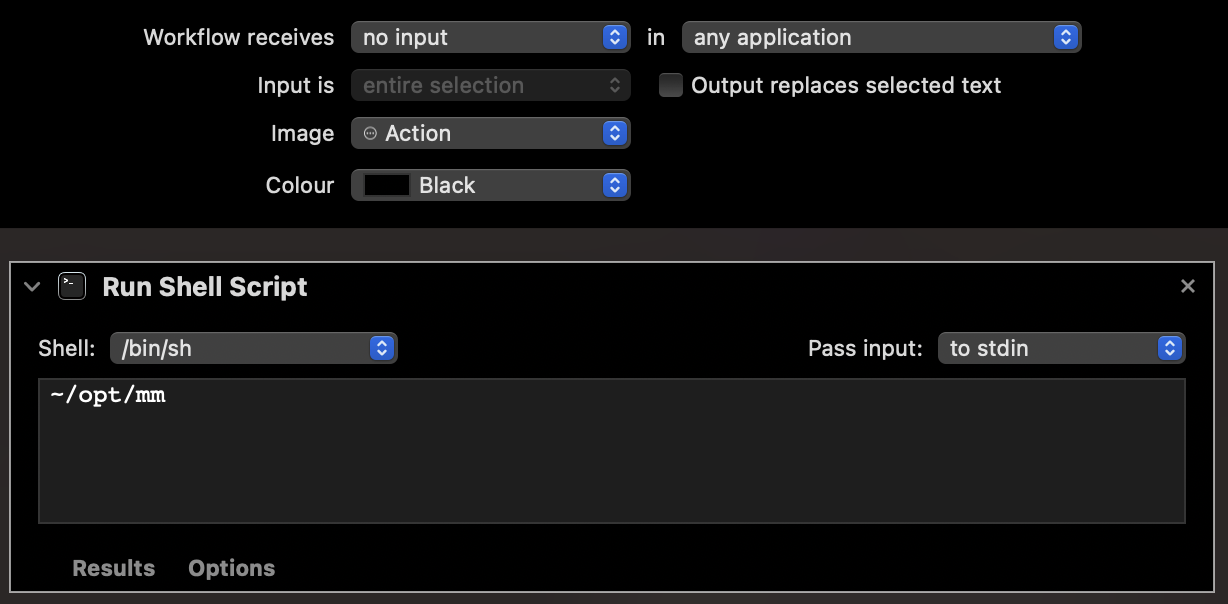 Screenshot of an Automator window to run a shell script