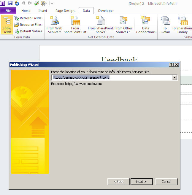 1st dialog of Publishing Wizard from Infopath Designer 2010