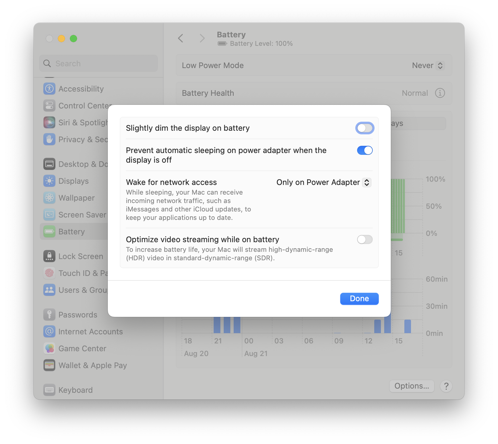 Prevent automatic sleeping on power adapter when the display is off