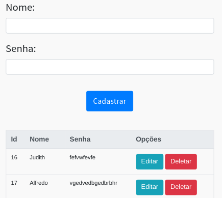 Formulário para cadastro com a tabela dos cadastrados