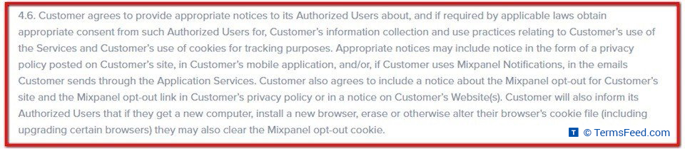 Mixpanel Opt-out clause requirement screenshot via TermsFeed