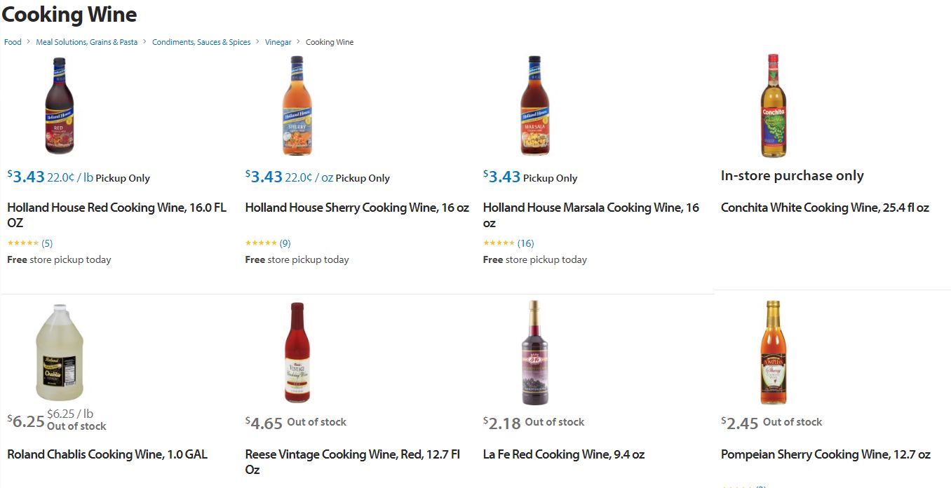 Cooking wines from Walmart website