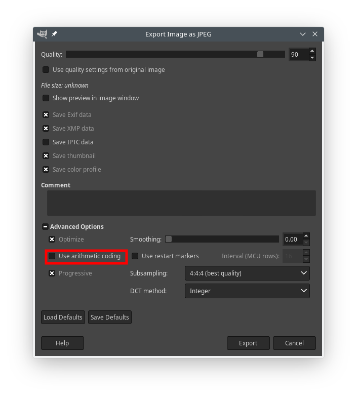 Disable arithmetic coding in GIMP
