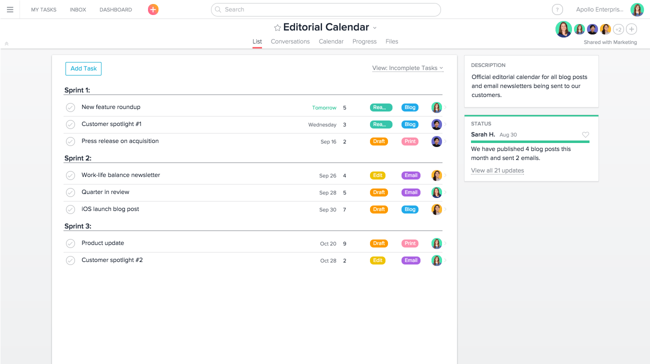 Asana editorial use case example screenshot