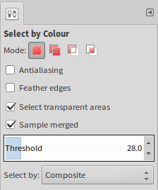 <code>Select by Colour</code>:  This time around, do select <code>Fill transparent areas</code> as well as <code>Sample merged</code>. Again, run a few tries while adjusting <code>Threshold</code> and experiment with <code>Antialiasing</code> and <code>Feather edges</code> for best results. In between, hit\ <kbd>Ctrl</kbd>+<kbd>Z</kbd> to undo.