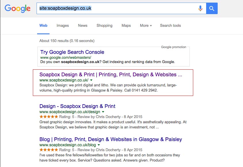 Google Search results for 'site:soapboxdesign.co.uk': the first result is the homepage, without any Rich Snippet; the other results show a Rich Snippet with rating stars