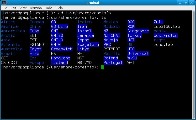 Screenshot of terminal with view of /usr/share/zoneinfo