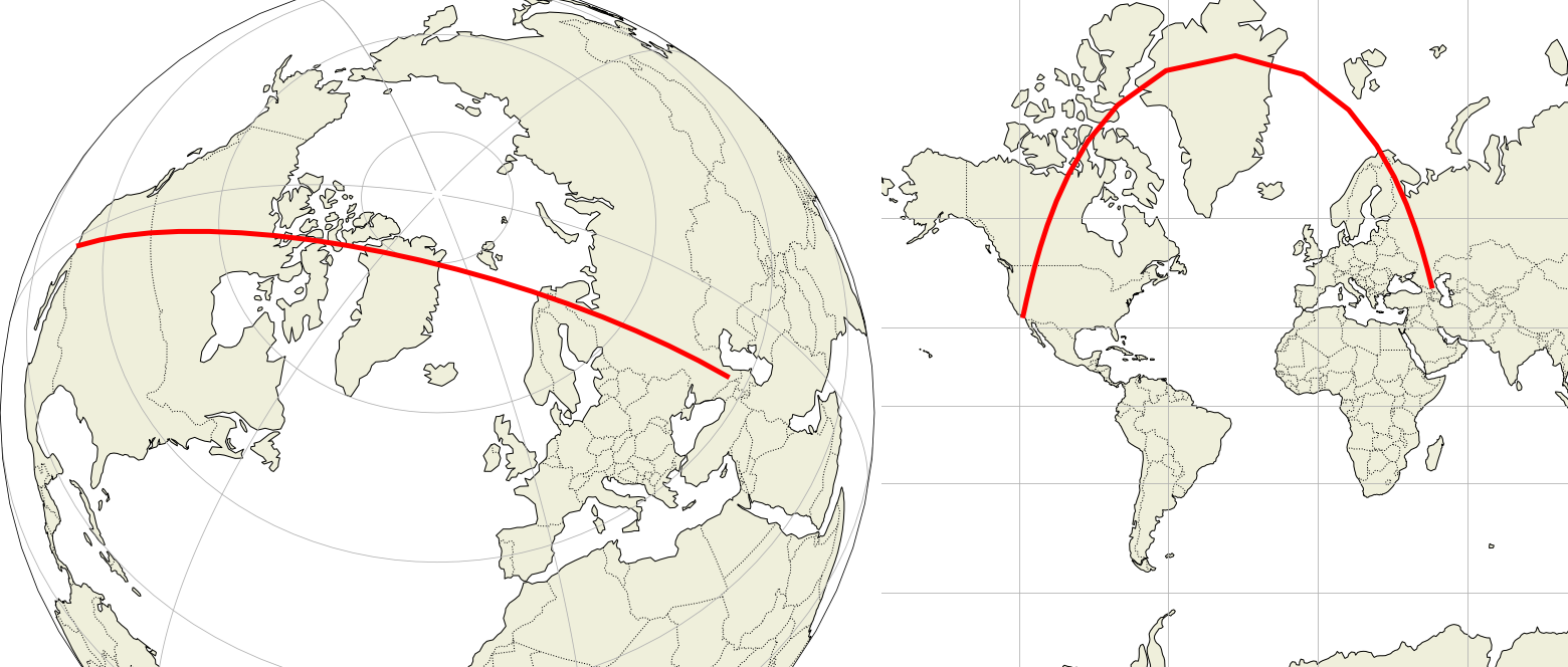 Great circle diagram on sphere and on Mercator map