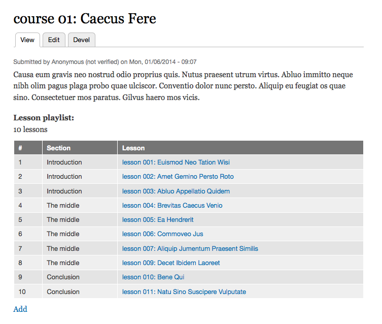 example of a small course with 10 lessons added as field collections