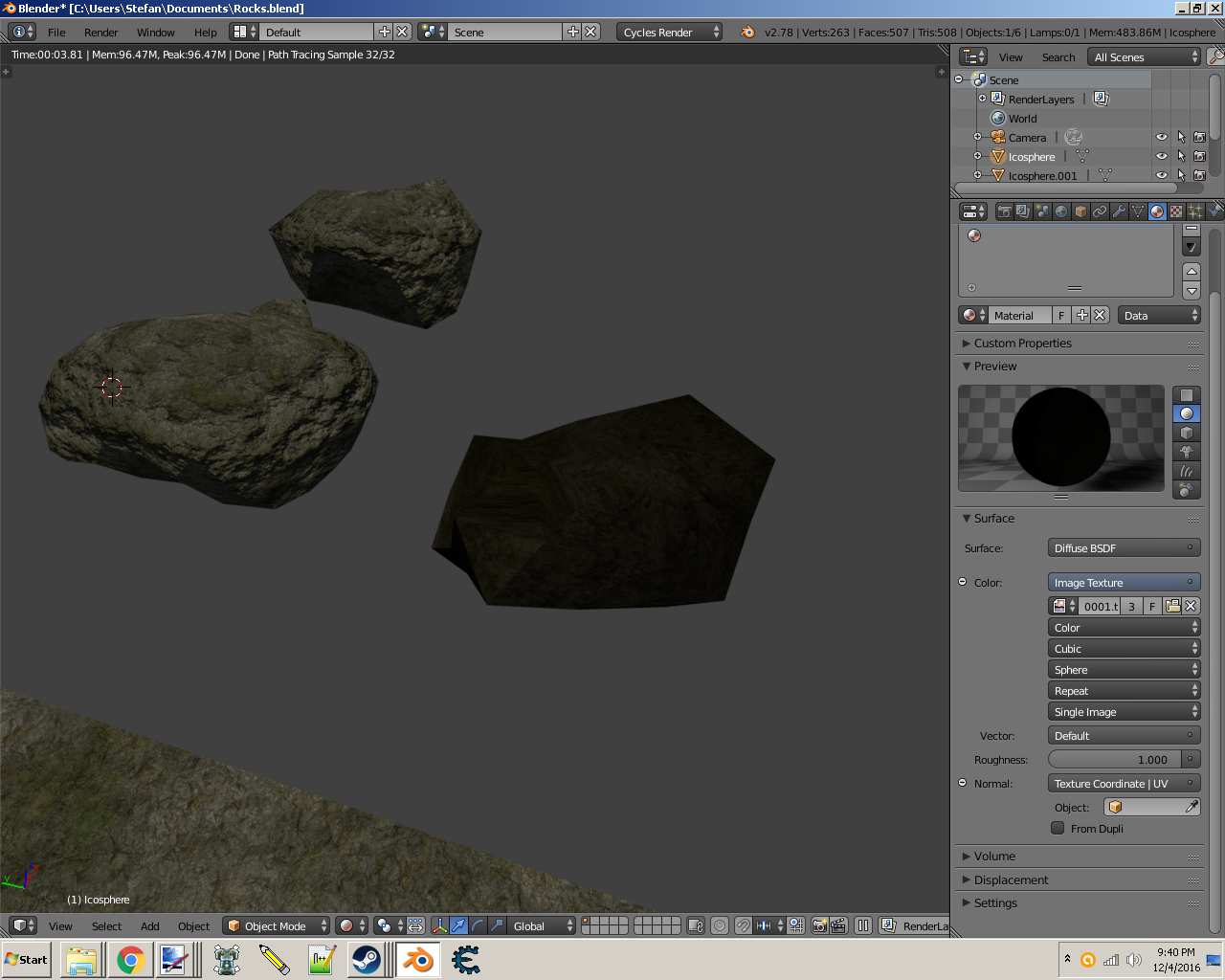 The 2 nice looking rocks have a material manipulated by a bunch of node. The 3rd rock has a baked version.