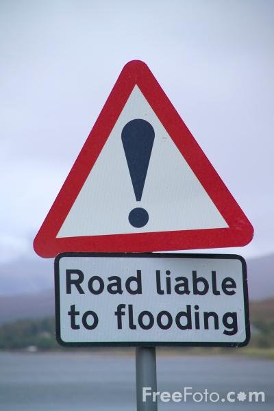 photo of roadsign with text: Road liable to flooding