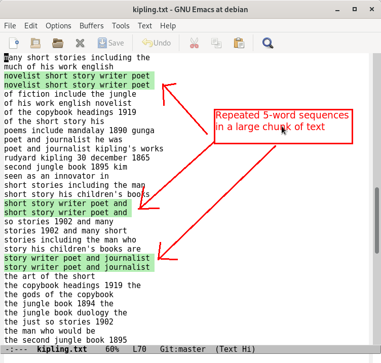 Repeated 5-word phrases in a large chunk of text