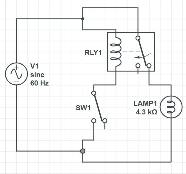 Circuit including safety switch, relay, and warning light, on wall 120VAC power.