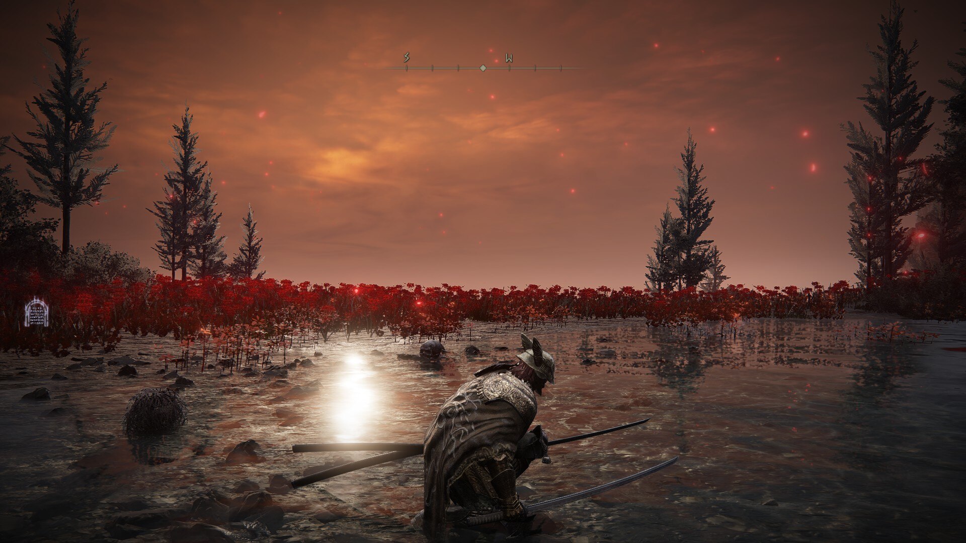 A mostly flat field covered in water; possibly a very shallow pond. The background is covered with red flowers. In the foreground, there's a man kneeling with a katana in each hand. He's wearing a golden valkyrie helmet.