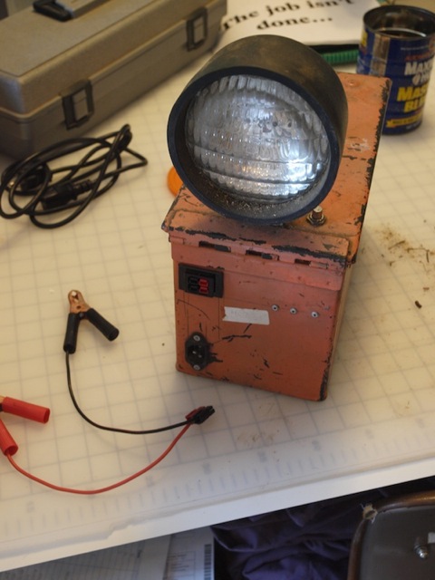 When I need lots of energy, I have a 20 AH battery housed together with a power supply for charging in an army-surplus ammo case. This will run a tool **ten times longer** than the OEM battery. Included is a trouble light, wired to a relay so that power fails, the light comes on. Shown also is a car battery adaptor to Anderson Power Pole connectors.