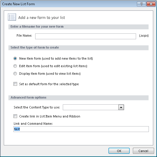 Create New List Form dialog