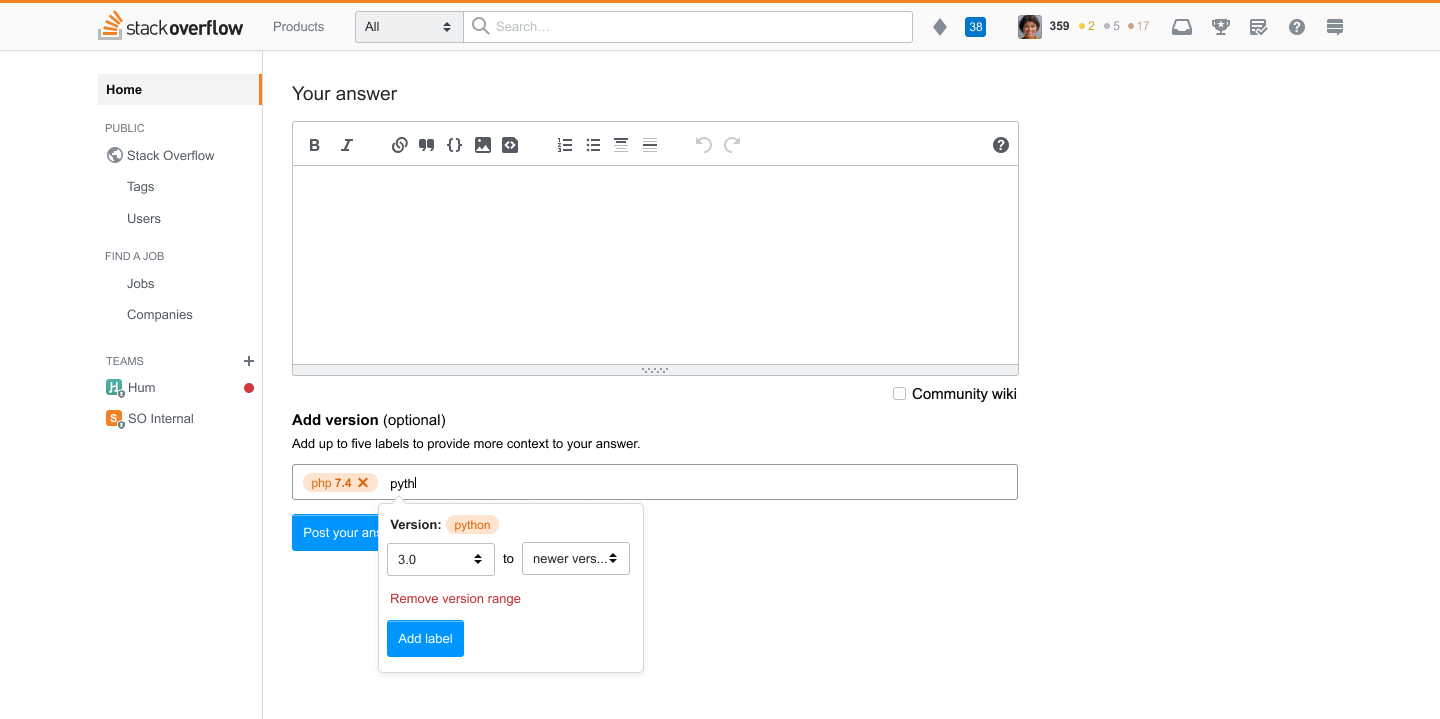 an input field for version labels appears below the answer editor