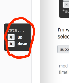 Screenshot of small box with *vote...* keyboard shortcut options, <code>U</code> and <code>D</code> for up and down, respectively. A hand-drawn red circle inexpertly draws attention to it