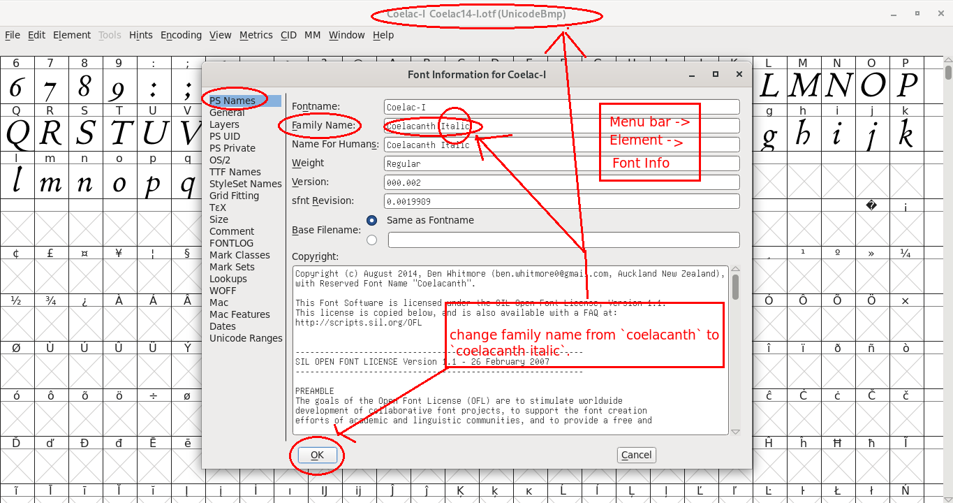 In Fontforge, change Family Name to Coelacanth Italic