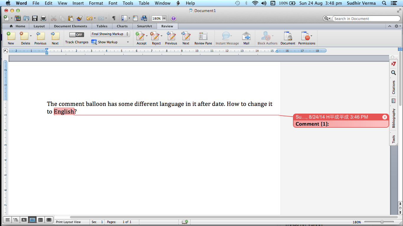 Comment ballon with different language in MS Word
