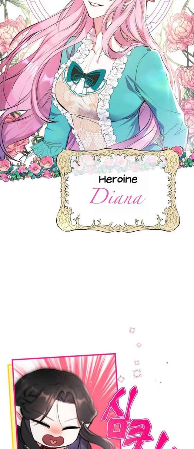 Portrait of the pink-haired woman, smiling, still in the blue dress.  The caption reads "Heroine Diana"