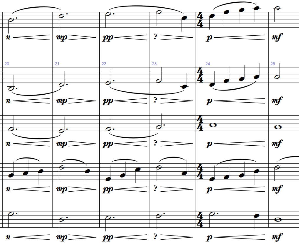 Excerpt from “James’s Theme” with three swells, the first to mp, the third to mf, and the middle to ?