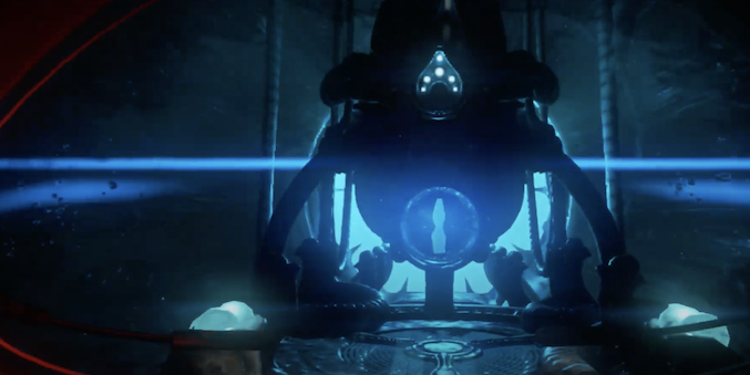 The player approaching the beacon which is glowing electric blue.