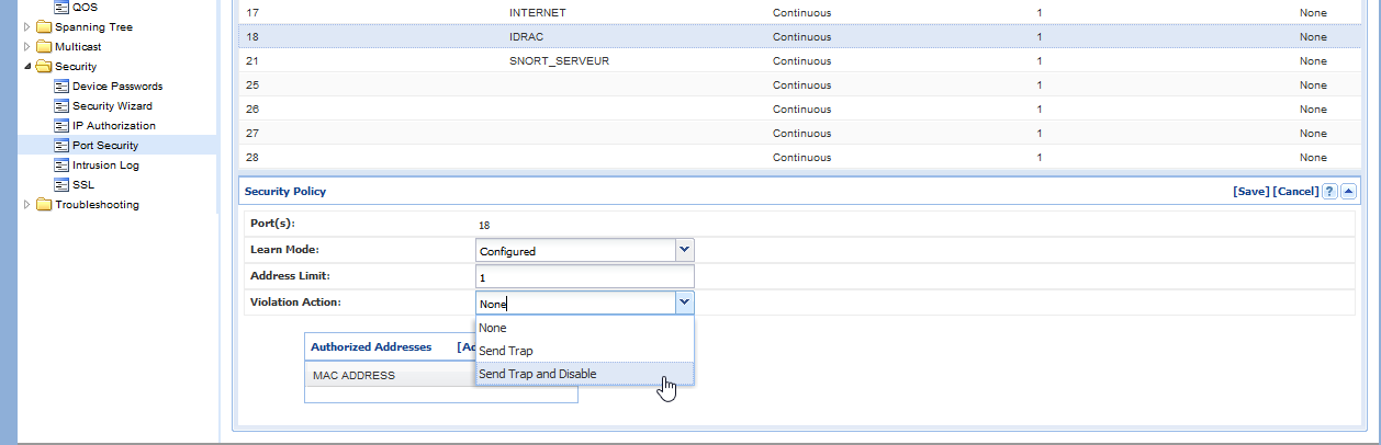 HP Switch filter configuration screen