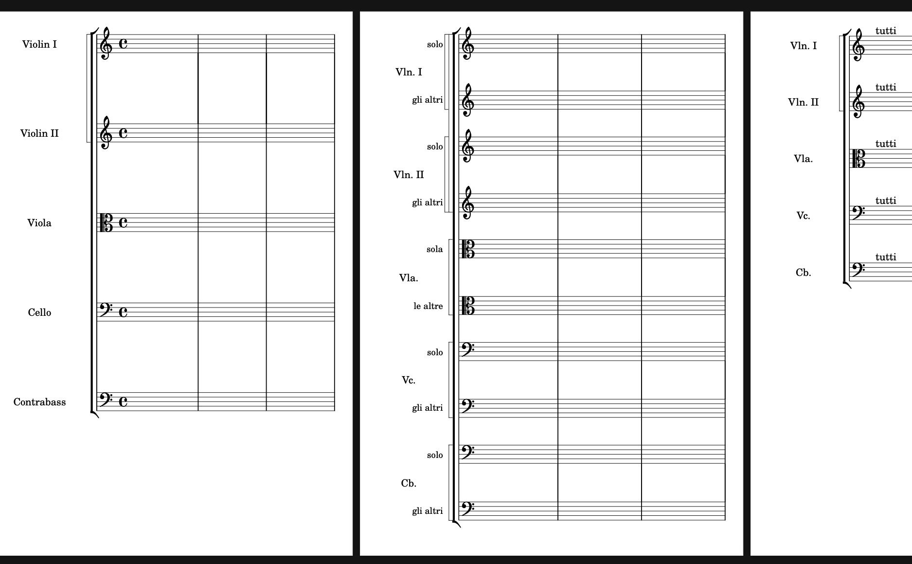 Each of the five string sections' staves splitting into a "solo" staff and "gli altri" staff at a page break, and joining again the next page break with "tutti."