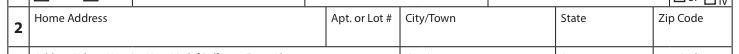 A sample of a voter registration form displaying fields for "Home Address", "Apt. or Lot #", "City/Town", "State", and "Zip Code".