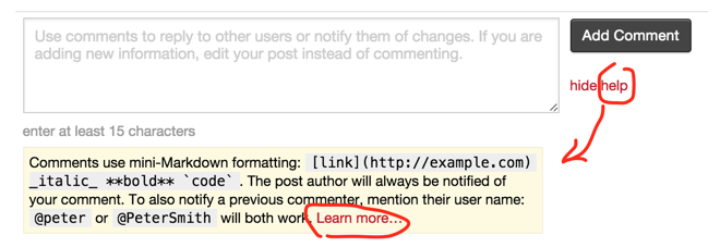 help link next to comment box circled, arrow to resulting summary, link to further help circled