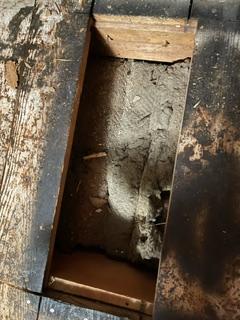 photo of plank removed from subfloor and insulation inside