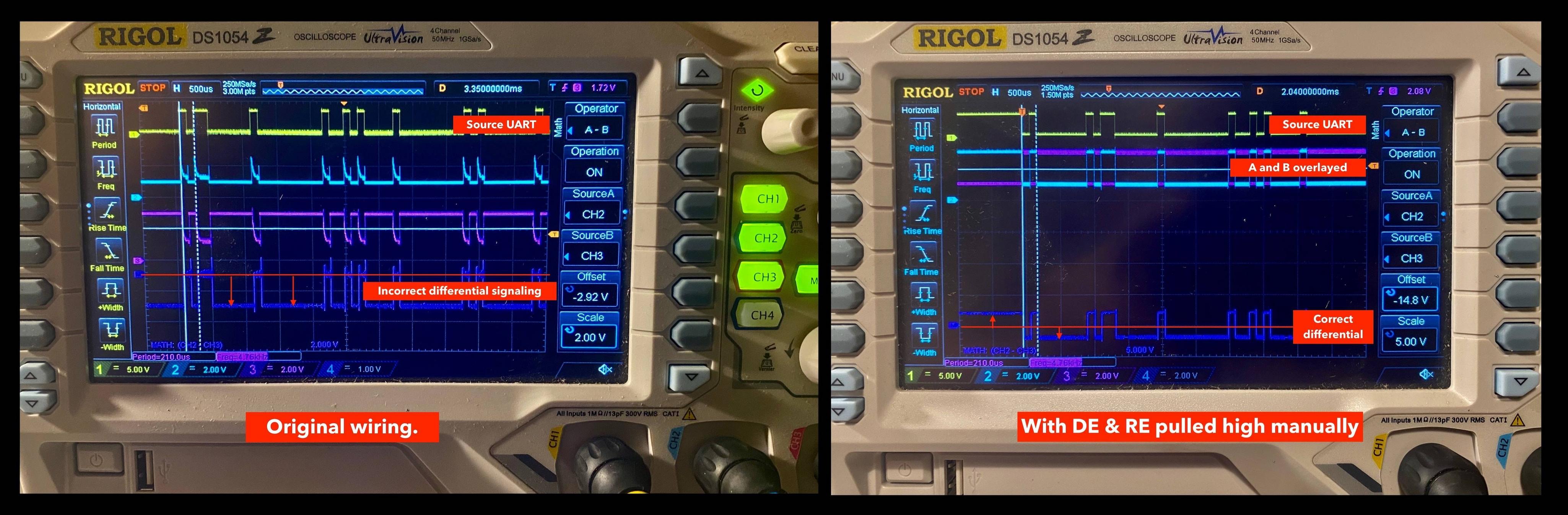 Oscilloscope showing the original UART signal and the corresponding A and B lines and their A-B differential