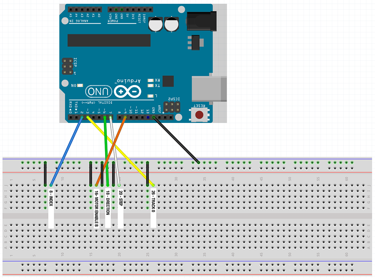 The breadboard in this circuit diagram represents the IDC connector that is plugged into the floppy drive.