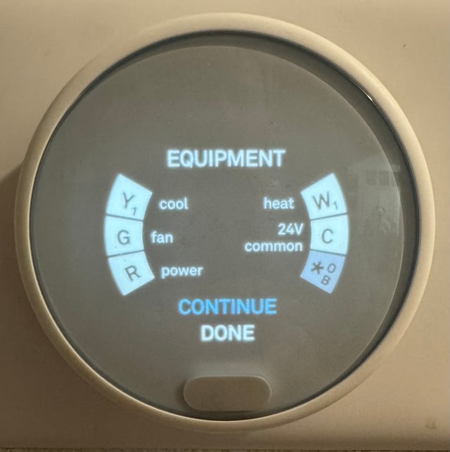 Nest thermostat configuration screen showing C, G, R, Y1 and W1 as common, fan, power, cool, and heat, respectively.