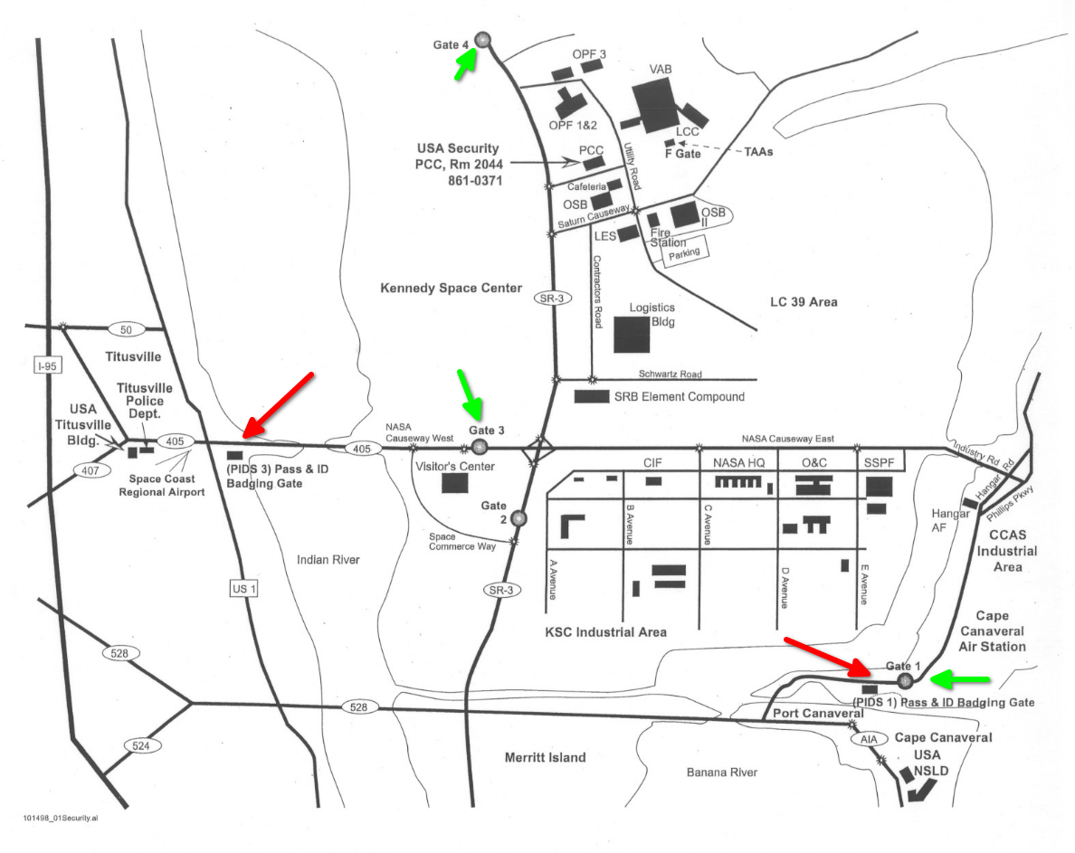 a low resolution map of Merritt Island and Cape Canaveral, Florida, is shown. Major NASA and Air Force facilities are shown on the map as are roads connecting them. The PIDS and security gates are annotated by the author. The point of the image is to show that both KSC and CCAFS are within the same security perimeter.