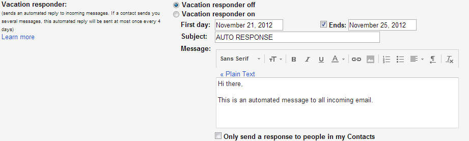 screen shot of vacation responder settings