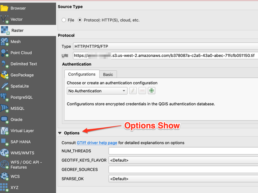 qgis load COG options dialogue is shown