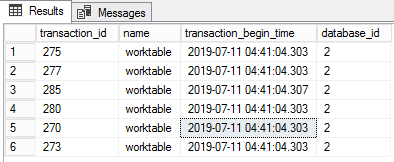 screenshot of query results showing worktable transaction starting at 04:41:04