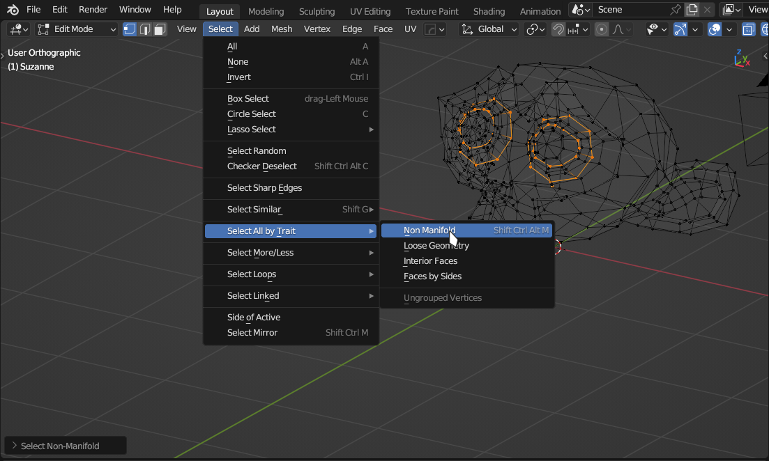 screenshot showing the select non-manifold menu option