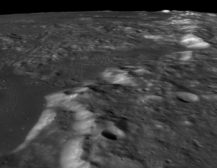 looking northwest across the rim of Mare Imbrium in 3d model of Moon