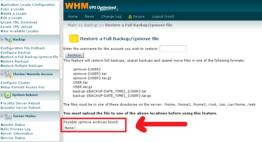 No Backups were found in the WHM panel