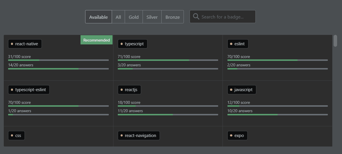 A gif showing different searches on 'Select your next badge' modal. When searching for a tag badge, it may be tightened into different widths for different badges, depending on the tag name.