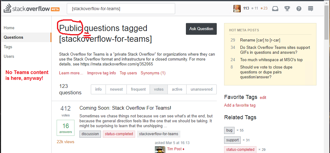 Search results header reads "Public questions tagged [stackoverflow-for-teams]" instead of just "Questions..."]