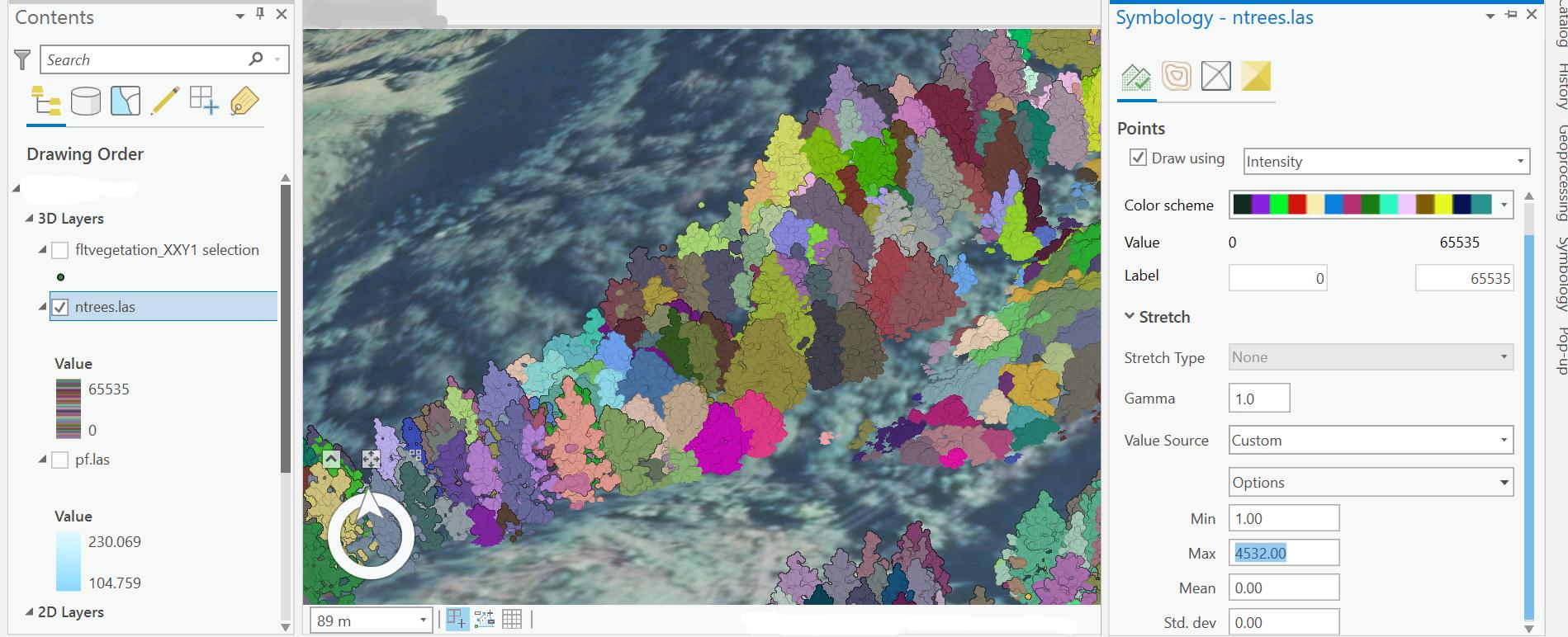 Screenshot of zoomed ArcGIS Pro working with <65,535 treeID from the above code loading a larger .las file