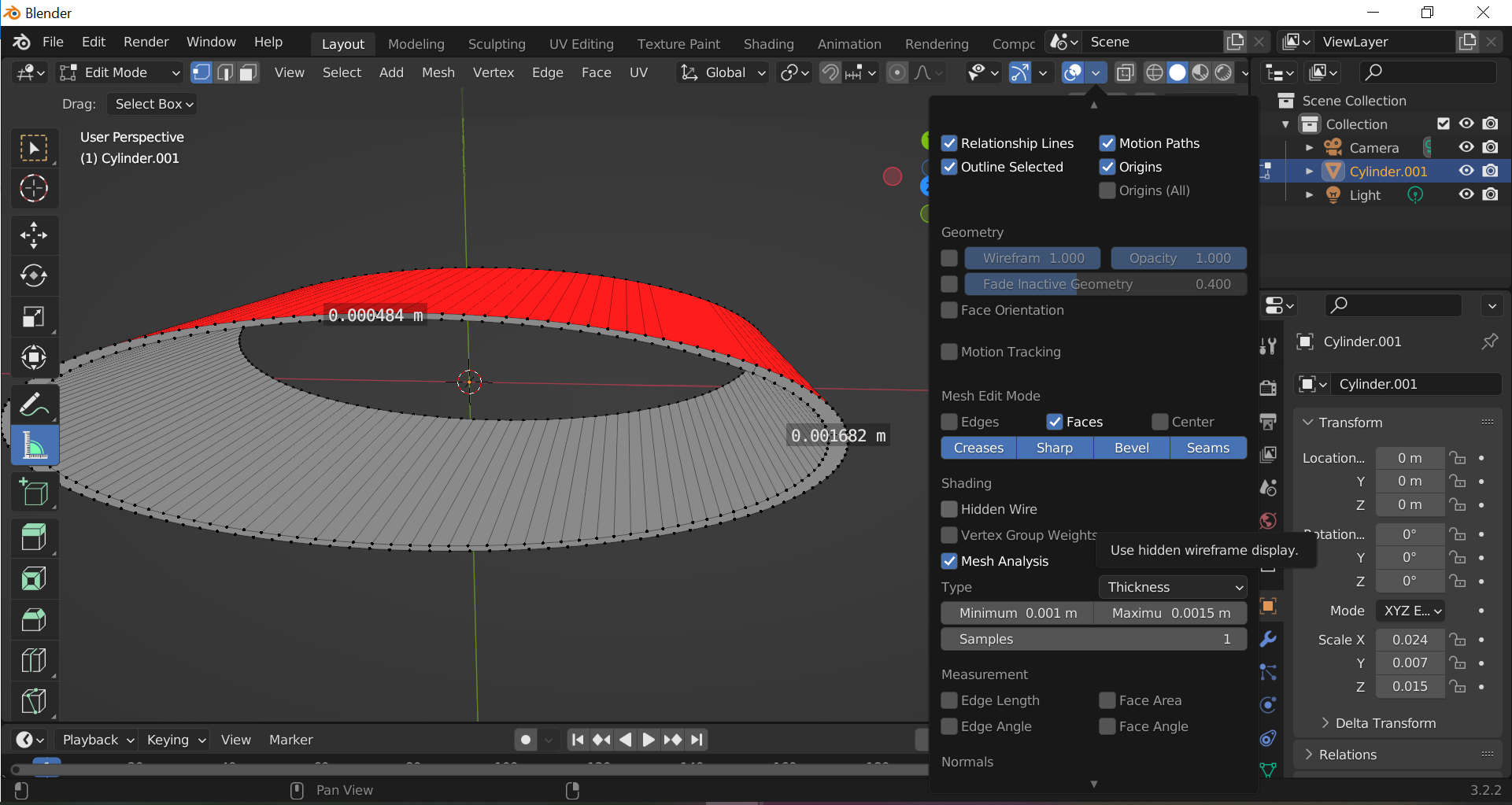 Thickness value measured with the Mesh Analysis tool and digital ruler