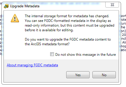 Upgrade Metadata prompt in ArcCatalog