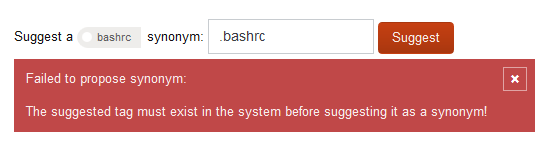 Tooltip showing the system's refusal to make .bashrc a synonym of bashrc because it does not exist in the system.