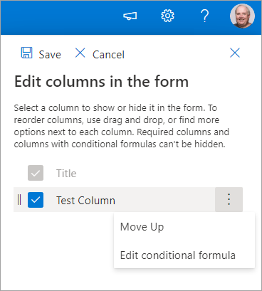 Edit columns panel