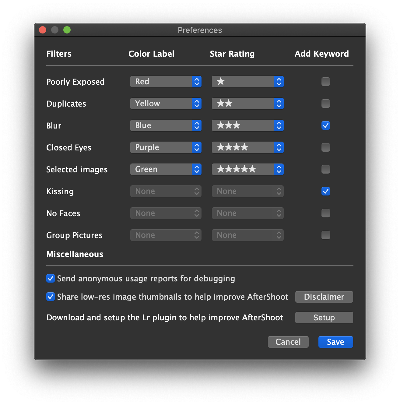 AfterShoot Keywords and Star Ratings